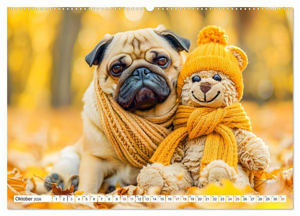 Produktbild: Mops-Mania - Der Spa&szlig;kalender f&uuml;r Mops-Fans (hochwertiger Premium Wandkalender 2026 DIN A2 quer), Kunstdruck in Hochglanz