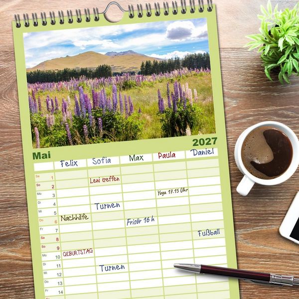 Produktbild: Familienplaner 2027 - Faszination Neuseeland mit 5 Spalten (Wandkalender, 21 x 45 cm) CALVENDO