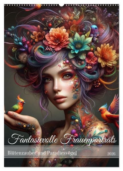 Produktbild: Fantasievolle Frauenportr&auml;ts - Bl&uuml;tenzauber und Paradiesv&ouml;gel (Wandkalender 2026 DIN A2 hoch), CALVENDO Monatskalender