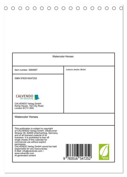 Produktbild: Watercolor Horses (Desk Calendar 2026 DIN A5 portrait), CALVENDO 12 Month DeskCalendar