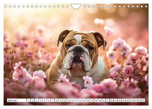 Produktbild: Englische Bulldoggen im Bl&uuml;tenmeer (Wandkalender 2026 DIN A4 quer), CALVENDO Monatskalender