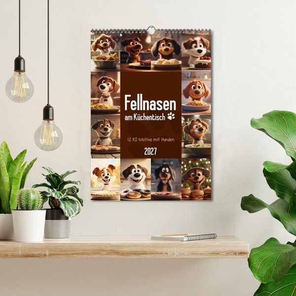 Produktbild: Fellnasen am K&uuml;chentisch - 12 KI-Motive mit Hunden (Wandkalender 2027 DIN A3 hoch), CALVENDO Monatskalender