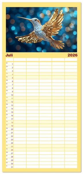 Produktbild: Familienplaner 2026 - Fliegende Kunstwerke - Kolibris mit 5 Spalten (Wandkalender, 21 x 45 cm) CALVENDO