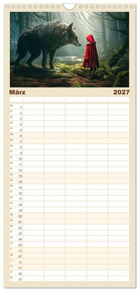 Produktbild: Familienplaner 2027 - Rotk&auml;ppchen und der Wolf mit 5 Spalten (Wandkalender, 21 x 45 cm) CALVENDO