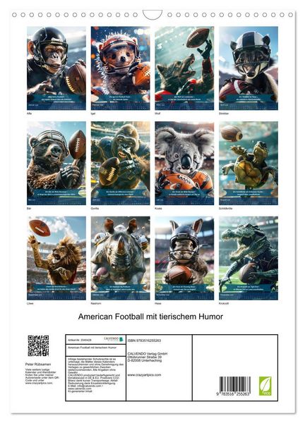 Produktbild: American Football mit tierischem Humor (Wandkalender 2026 DIN A3 hoch), CALVENDO Monatskalender