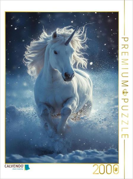 CALVENDO Puzzle Winterspuren: Ein weißes Einhorn im blauen Schneetanz | 2000 Teile Lege-Größe 90x67cm Foto-Puzzle für glückliche Stunden