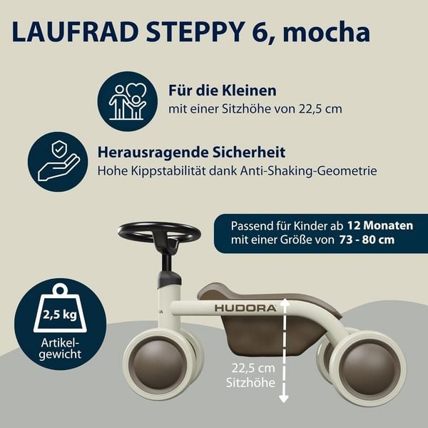 Produktbild: HUDORA 10911 - Laufrad Steppy 6 mocha, Lauflernrad für Kinder von 73-80 cm, Sitzhöhe: 22,5 cm