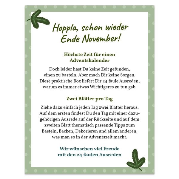 Produktbild: Adventskalender-Box &bdquo;24 faule Ausreden&ldquo; warum ich keinen Adventskalender gebastelt habe