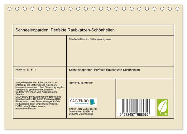 Produktbild: Schneeleoparden. Perfekte Raubkatzen-Sch&ouml;nheiten (Tischkalender 2026 DIN A5 quer), CALVENDO Monatskalender