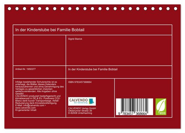 Produktbild: In der Kinderstube bei Familie Bobtail (Tischkalender 2026 DIN A5 quer), CALVENDO Monatskalender