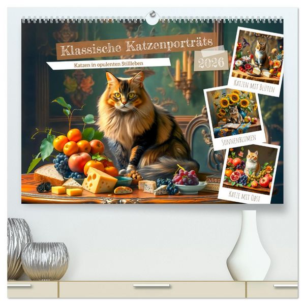 Klassische Katzenporträts - Katzen in opulenten Stillleben (hochwertiger Premium Wandkalender 2026 DIN A2 quer), Kunstdruck in Hochglanz
