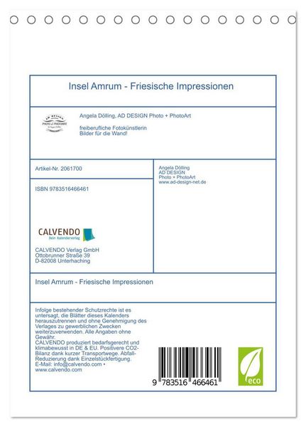 Produktbild: Insel Amrum - Friesische Impressionen (Tischkalender 2026 DIN A5 hoch), CALVENDO Monatskalender