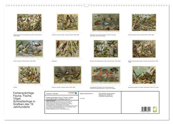 Produktbild: Farbenpr&auml;chtige Fauna. Fische, V&ouml;gel, Schmetterlinge in Grafiken des 19 Jahrhunderts (Wandkalender 2026 DIN A2 quer), CALVENDO Monatskalender