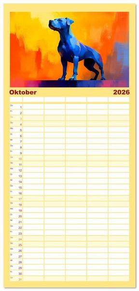 Produktbild: Familienplaner 2026 - Kraftvolle Partner. Hunde in k&uuml;nstlerischer &Ouml;loptik mit 5 Spalten (Wandkalender, 21 x 45 cm) CALVENDO