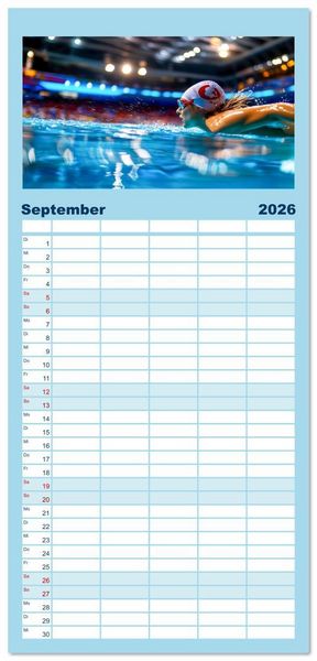 Produktbild: Familienplaner 2026 - Schwimmen - Bahn f&uuml;r Bahn mit 5 Spalten (Wandkalender, 21 x 45 cm) CALVENDO