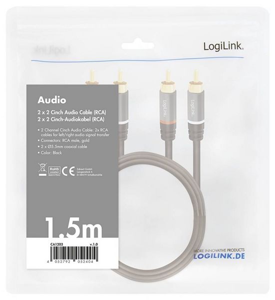 Produktbild: LogiLink CA1203 Cinch Audio Anschlusskabel 1.5m Schwarz Geschirmt, Farbcodiert