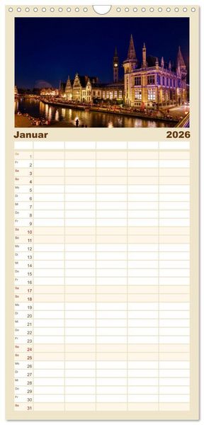 Produktbild: Familienplaner 2026 - Br&uuml;gge und Gent im Zwielicht mit 5 Spalten (Wandkalender, 21 x 45 cm) CALVENDO