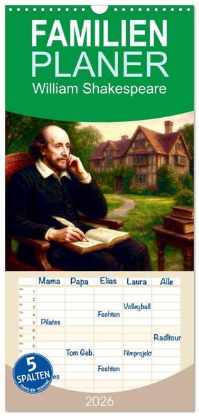 Produktbild: Familienplaner 2026 - William Shakespeare mit 5 Spalten (Wandkalender, 21 x 45 cm) CALVENDO