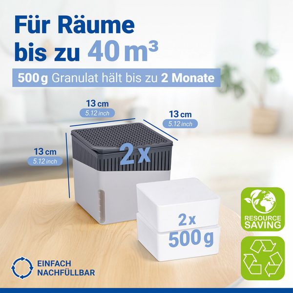Produktbild: Raumentfeuchter Mod. Cube Grau 500 g, 2er Set, beugt Schimmel und Ger&uuml;chen vor