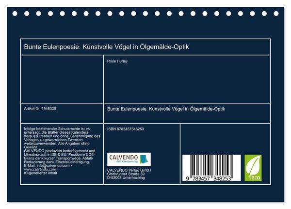 Produktbild: Bunte Eulenpoesie. Kunstvolle V&ouml;gel in &Ouml;lgem&auml;lde-Optik (Tischkalender 2026 DIN A5 quer), CALVENDO Monatskalender