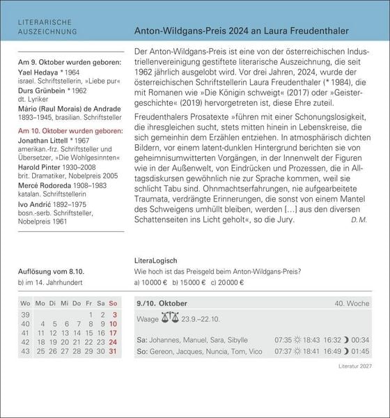 Produktbild: Literatur Tagesabrei&szlig;kalender 2027 - Kulturkalender - Autoren, Werke, H&ouml;rb&uuml;cher