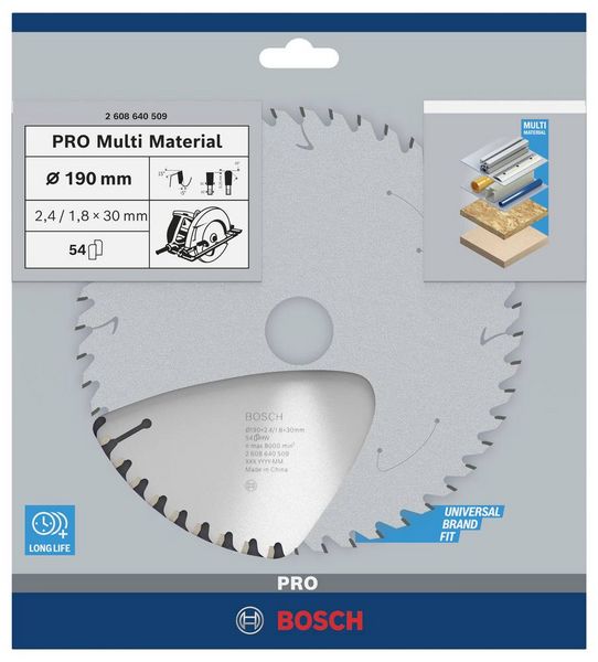 Produktbild: Bosch Accessories Multi Material 2608640509 Hartmetall Kreiss&auml;geblatt 190 x 30 x 2.4 mm Z&auml;hneanzahl: 54 1 St.