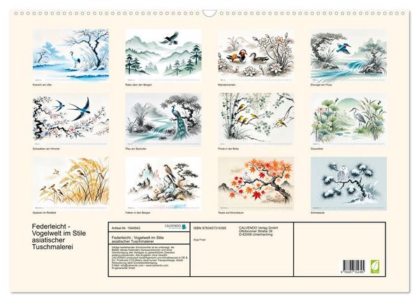 Produktbild: Federleicht - Vogelwelt im Stile asiatischer Tuschmalerei (Wandkalender 2026 DIN A2 quer), CALVENDO Monatskalender