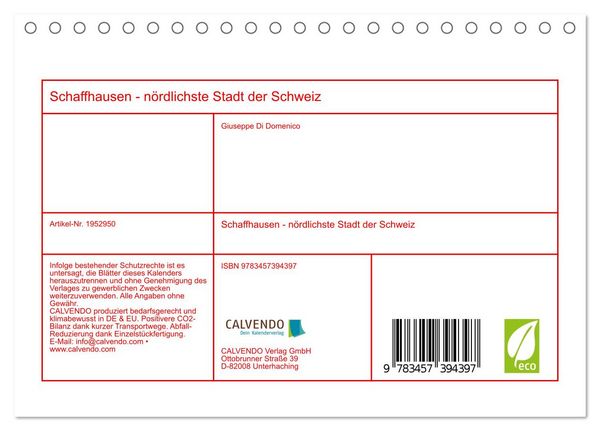 Produktbild: Schaffhausen - n&ouml;rdlichste Stadt der Schweiz (Tischkalender 2026 DIN A5 quer), CALVENDO Monatskalender