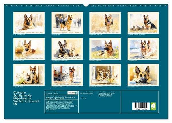 Produktbild: Deutsche Sch&auml;ferhunde. Majest&auml;tische W&auml;chter im Aquarell-Stil (hochwertiger Premium Wandkalender 2026 DIN A2 quer), Kunstdruck in Hochglanz