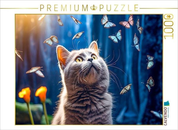CALVENDO Puzzle Ein Motiv aus dem Kalender Die Katze und der Schmetterling | 1000 Teile Lege-Größe 64x48cm Foto-Puzzle für glückliche Stunden