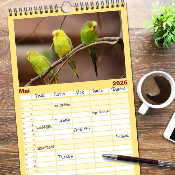Produktbild: Familienplaner 2026 - Wellensittiche - Gefiederte Freunde mit 5 Spalten (Wandkalender, 21 x 45 cm) CALVENDO