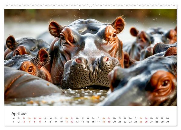Produktbild: Flusspferde - die stillen Giganten (hochwertiger Premium Wandkalender 2026 DIN A2 quer), Kunstdruck in Hochglanz