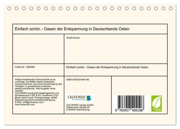 Produktbild: Einfach sch&ouml;n - Oasen der Entspannung in Deutschlands Osten (Tischkalender 2026 DIN A5 quer), CALVENDO Monatskalender