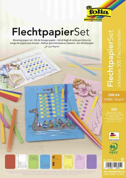 Folia  Flechtpapier Set, 24 Flechtbögen, DIN A4, inklusive Flechtstreifen, 8-farbig sortiert