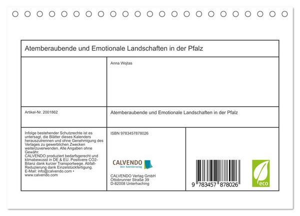 Produktbild: Atemberaubende und Emotionale Landschaften in der Pfalz (Tischkalender 2026 DIN A5 quer), CALVENDO Monatskalender
