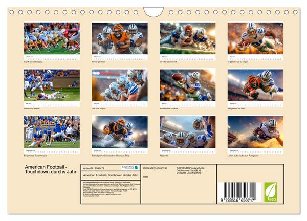 Produktbild: American Football - Touchdown durchs Jahr (Wandkalender 2026 DIN A4 quer), CALVENDO Monatskalender