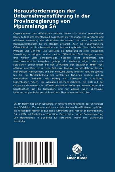 Produktbild: Herausforderungen der Unternehmensf&uuml;hrung in der Provinzregierung von Mpumalanga SA