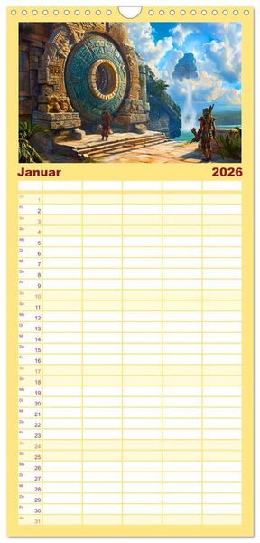 Produktbild: Familienplaner 2026 - Sternenkrieger - Science Fiction Visionen der Maya und Azteken mit 5 Spalten (Wandkalender, 21 x 45 cm) CALVENDO