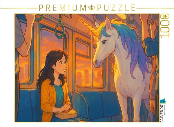 Produktbild: CALVENDO Puzzle Frau begegnet im Zug einem Einhorn | 1000 Teile Lege-Gr&ouml;&szlig;e 64x48cm Foto-Puzzle f&uuml;r gl&uuml;ckliche Stunden