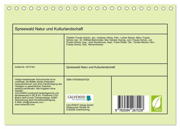 Produktbild: Spreewald Natur und Kulturlandschaft (Tischkalender 2027 DIN A5 quer), CALVENDO Monatskalender