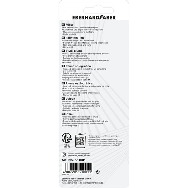 Produktbild: EBERHARD FABER F&uuml;ller Set NXT M Tintenl&ouml;scher 2 Patronen schwarz/wei&szlig; 4 Teile RH LH Blister