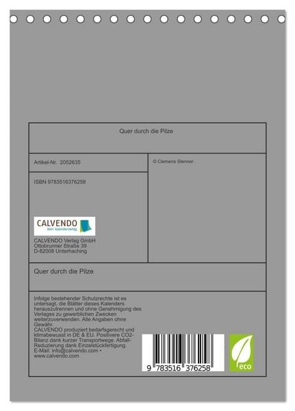 Produktbild: Quer durch die Pilze (Tischkalender 2026 DIN A5 hoch), CALVENDO Monatskalender