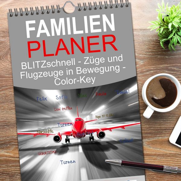 Produktbild: Familienplaner 2026 - BLITZschnell - Z&uuml;ge und Flugzeuge in Bewegung - Color-Key mit 5 Spalten (Wandkalender, 21 x 45 cm) CALVENDO