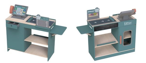 Moderne Supermarkt Theke aus Holz mit integriertem Kassensystem