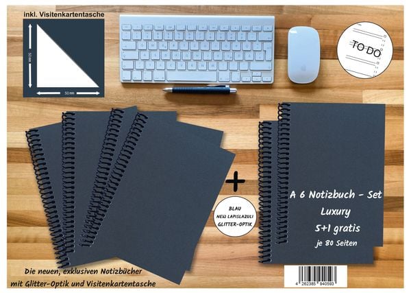 Produktbild: A 6 Notizbuch - Set, 5+1 gratis, Luxury 80 Seiten BLAU NEW LAPISLAZULI GLITTER-OPTIK, to do