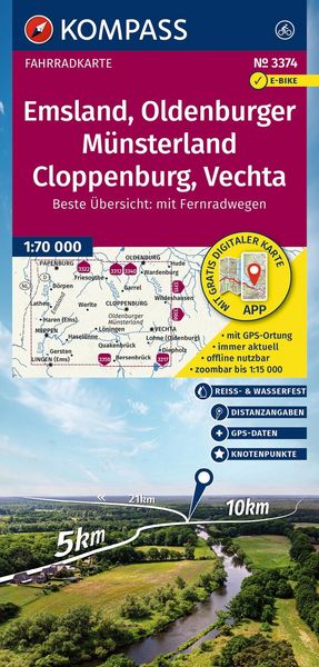 Produktbild: KOMPASS Fahrradkarte 3374 Emsland, Oldenburger M&uuml;nsterland, Cloppenburg, Vechta mit Knotenpunkten 1:70.000