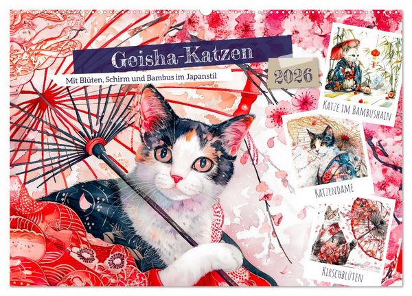 Produktbild: Geisha-Katzen - Mit Bl&uuml;ten, Schirm und Bambus im Japanstil (Wandkalender 2026 DIN A2 quer), CALVENDO Monatskalender