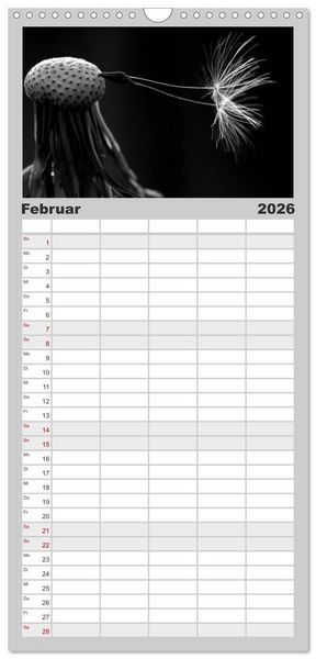 Produktbild: Familienplaner 2026 - Pusteblume - Impressionen in schwarzwei&szlig; mit 5 Spalten (Wandkalender, 21 x 45 cm) CALVENDO