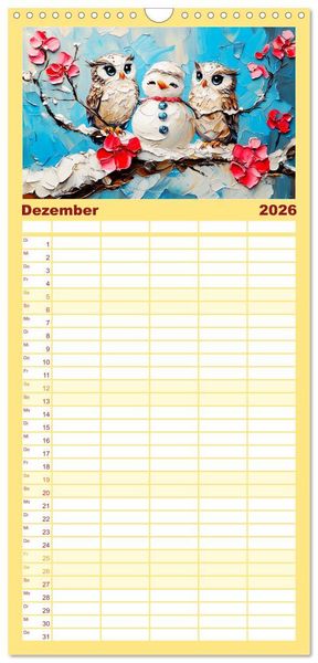 Produktbild: Familienplaner 2026 - Eulen. Entz&uuml;ckende Paintings mit 5 Spalten (Wandkalender, 21 x 45 cm) CALVENDO