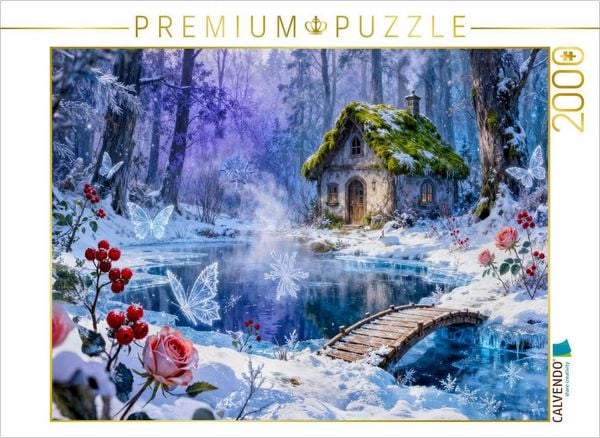 CALVENDO Puzzle Winter Cottage am Bach mit Brücke und Rosenzauber | 2000 Teile Lege-Größe 90x67cm Foto-Puzzle für glückliche Stunden